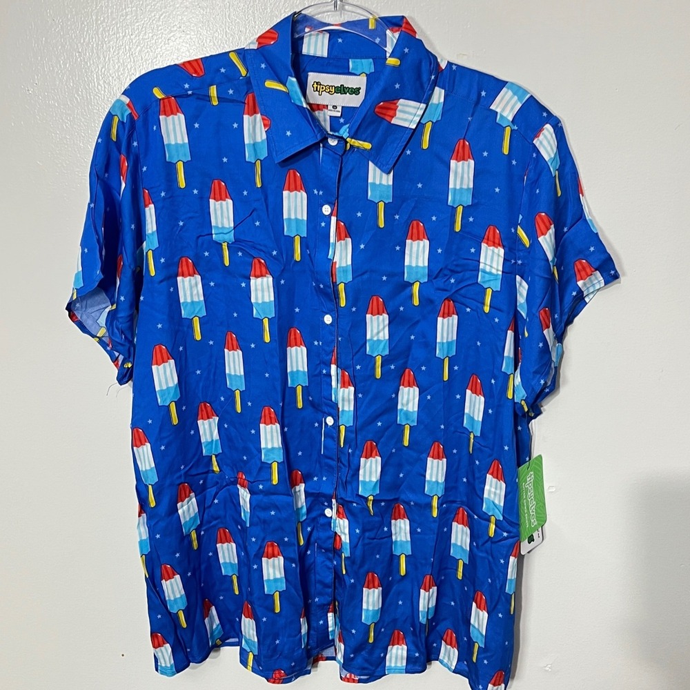 Tipsy Elves Bomb Pop Button Down Shirt Women 1X Blue Patriotic Popsicle Star
